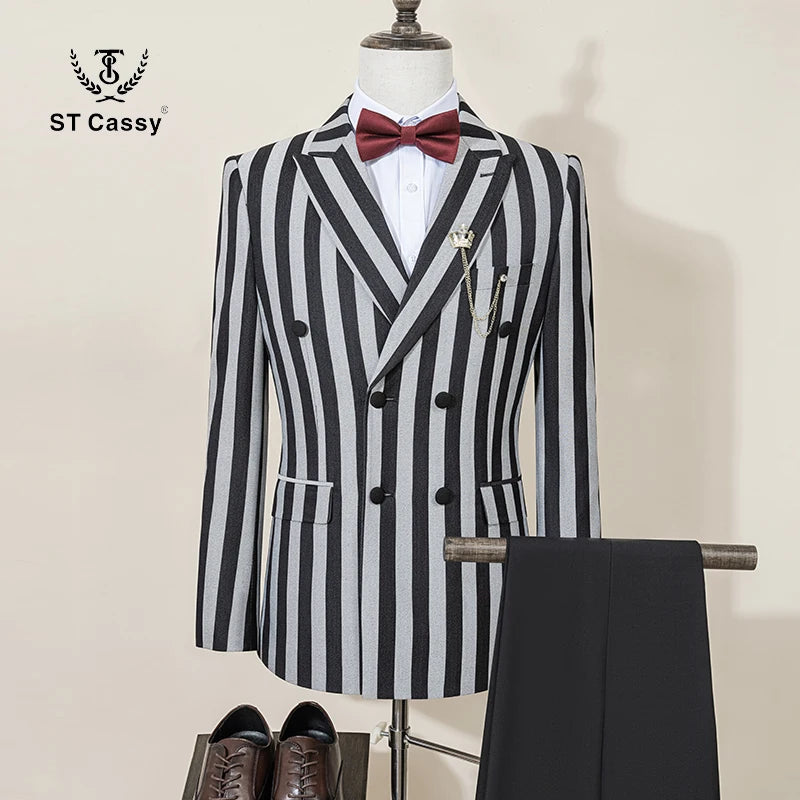 ST Cassy Men's Suits Fashion striped evening gown Double Breasted Slim Fit 2 Piece Jacket Pants