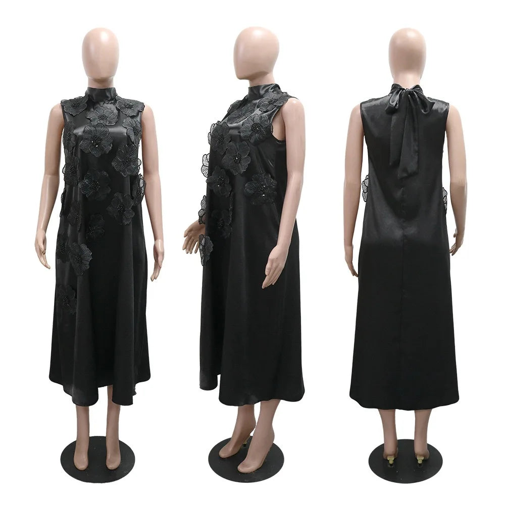 Elegant Dresses for Woman 2025 New O Neck Sleeveless Floral Decorate Straight Ankle Length Fashion Ladies Birthday Party Dress