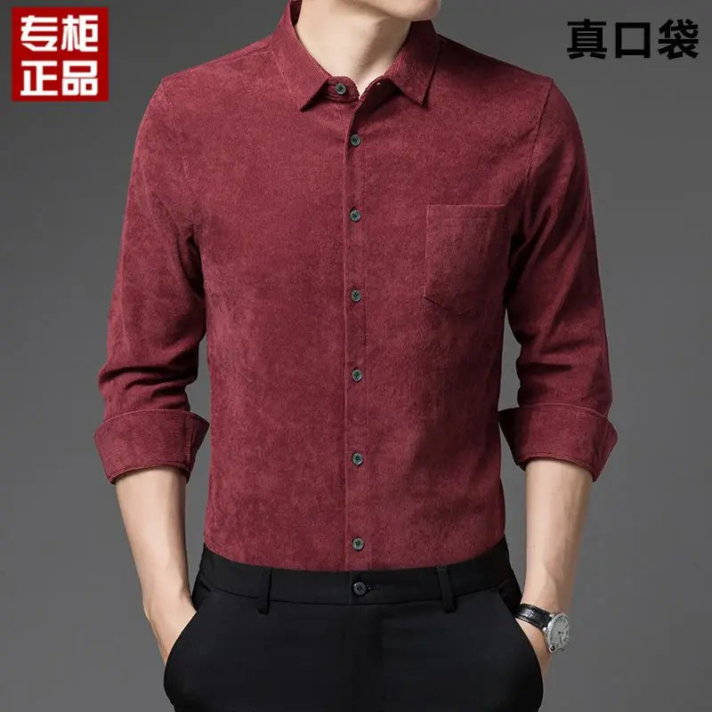 2023 New Spring and Autumn Leisure Business Fashion Loose Oversize Thickened Non Ironing Polo Collar Solid Men's Corduroy Shirt