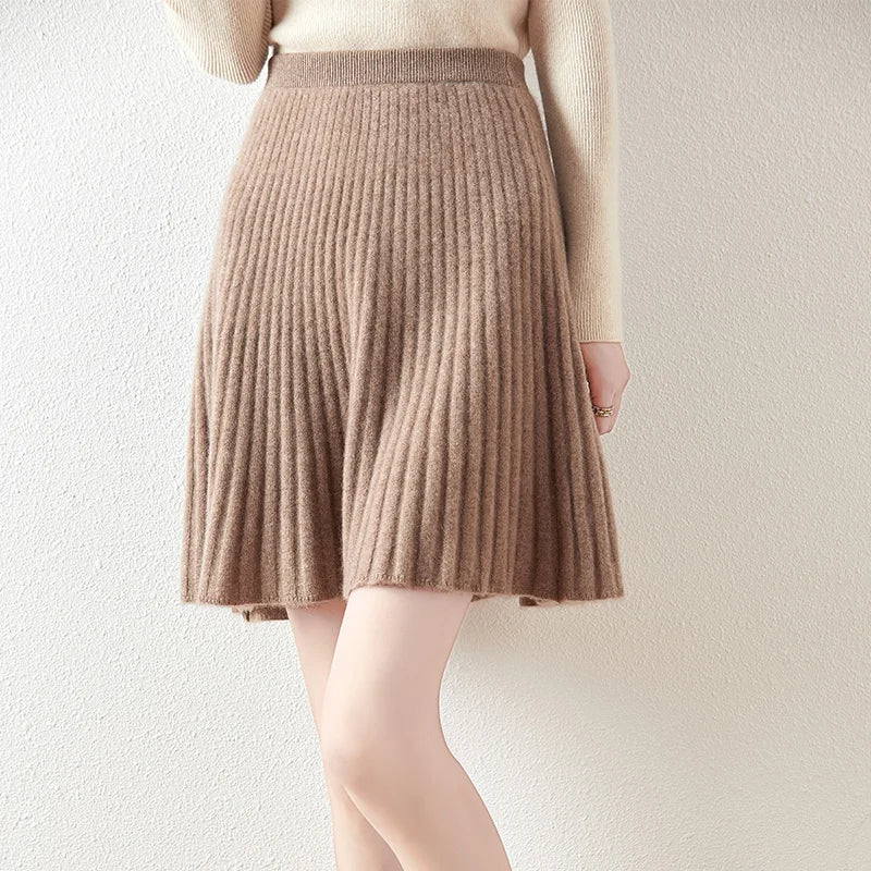 Preppy Style women's 100% Merino Wool Skirts Autumn Winter Pleated Skirt Cashmere Knitwear Short A-Line Above Knee Skirt