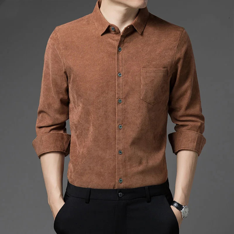 2023 New Spring and Autumn Leisure Business Fashion Loose Oversize Thickened Non Ironing Polo Collar Solid Men's Corduroy Shirt