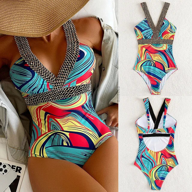 Bikini European American New 2023 Gold Sexy Bikini Women's Printed Steel Bracket Triangle Swimwear Push Up One Piece Swimwear