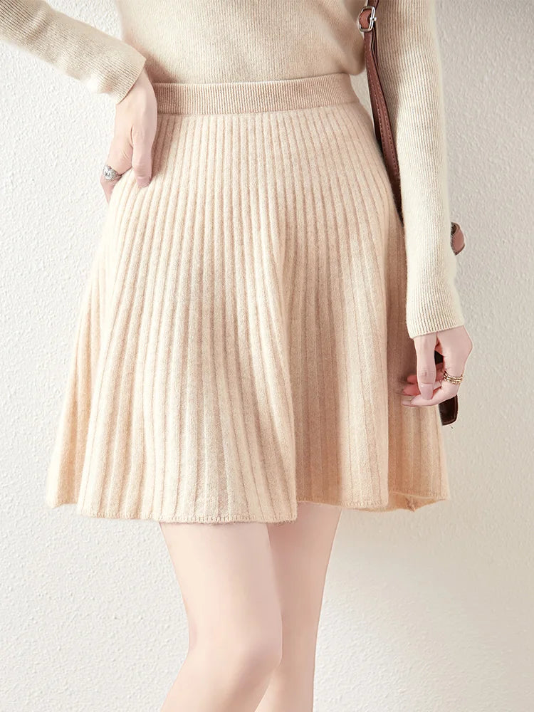 Preppy Style women's 100% Merino Wool Skirts Autumn Winter Pleated Skirt Cashmere Knitwear Short A-Line Above Knee Skirt