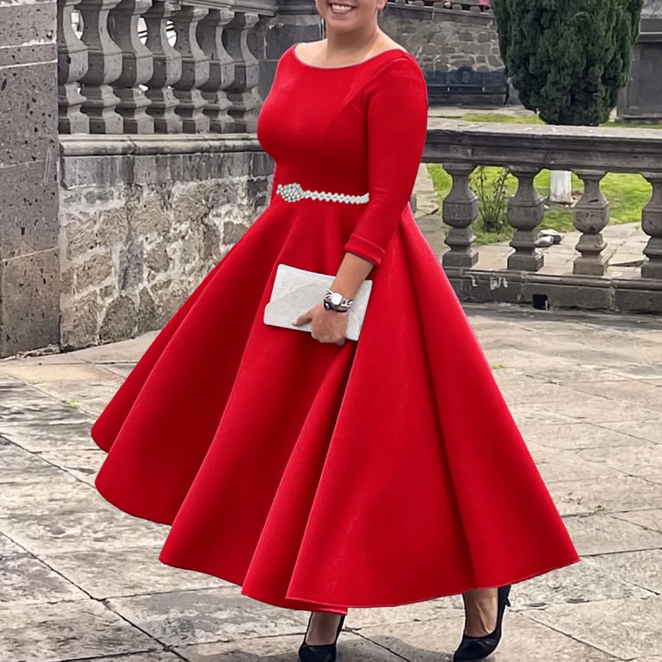 Luxury Dresses for Woman O Neck Full Sleeve Belt Waisted High Waisted Pleated A Line Ankle Length Elegant Female Birthday Gowns