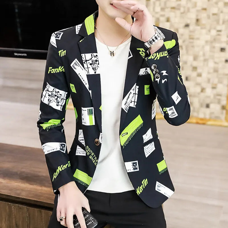 Spring Autumn 2025 New Men's Fashion Print Men Casual Business Blazer Mens Slim Suit Jacket Male Thin Coat