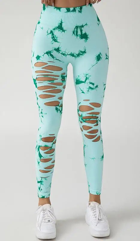 Tie Dye Seamless Yoga Pants with Ripped Holes Sexy Hip Lifting Hollow Out Fitness Leggings for Women High Waisted Peach Buttocks