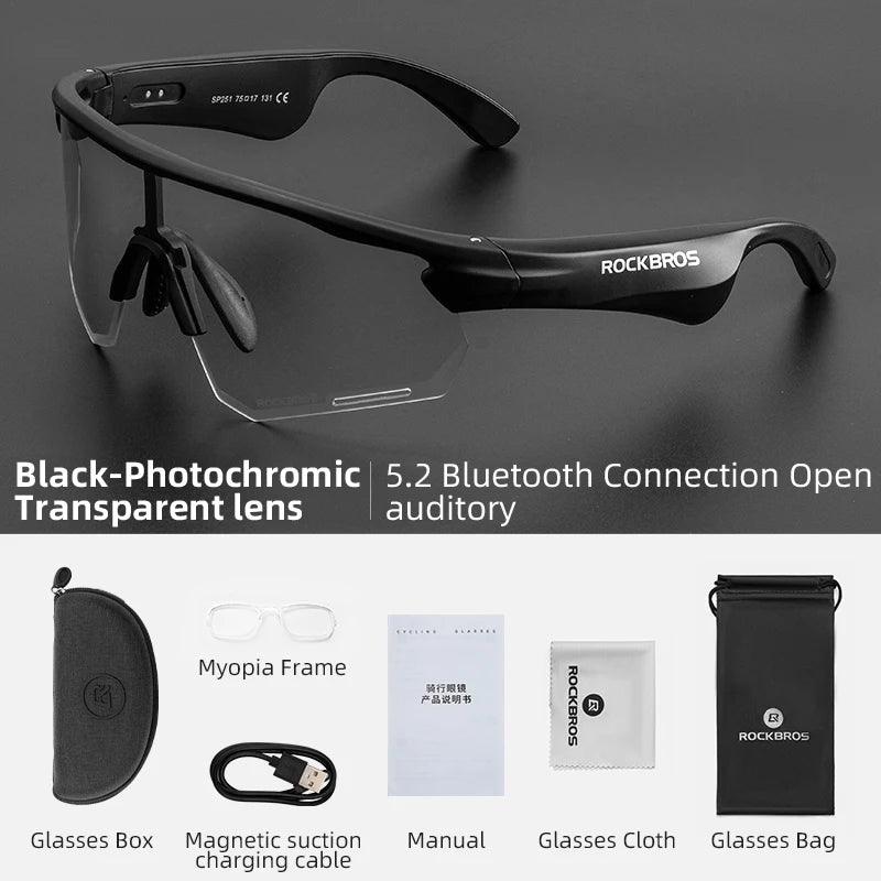 ROCKBROS Cycling Glasses Polarized Photochromic Wireless Bluetooth Sunglasses Men Women Outdoor Sports UV400 Goggles Cycling Eye