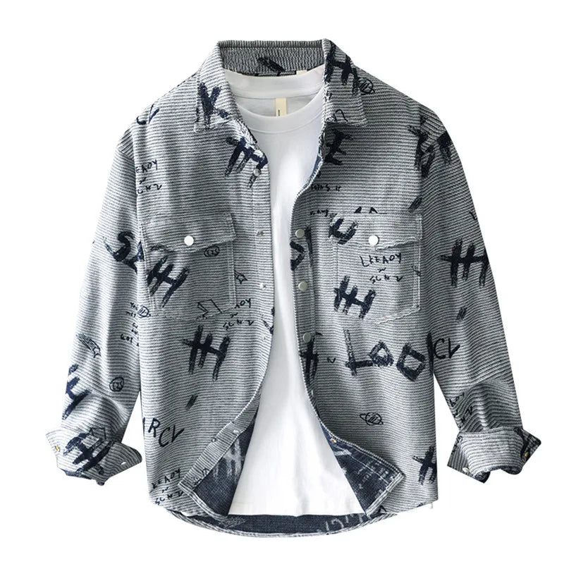 T733 Men's Creative Printing Vintage Shirt Men's Spring Autumn Fashion Good Quality Jacquard Long Sleeve Casual Slim Blouse Tops