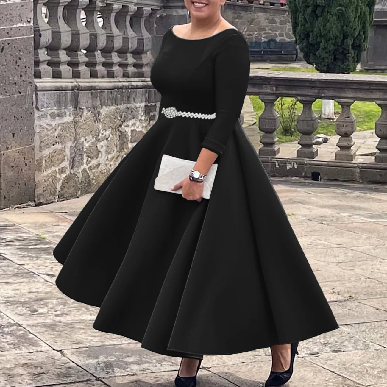 Luxury Dresses for Woman O Neck Full Sleeve Belt Waisted High Waisted Pleated A Line Ankle Length Elegant Female Birthday Gowns