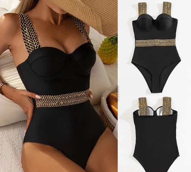 Bikini European American New 2023 Gold Sexy Bikini Women's Printed Steel Bracket Triangle Swimwear Push Up One Piece Swimwear