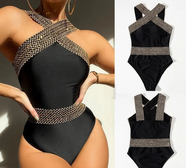 Bikini European American New 2023 Gold Sexy Bikini Women's Printed Steel Bracket Triangle Swimwear Push Up One Piece Swimwear