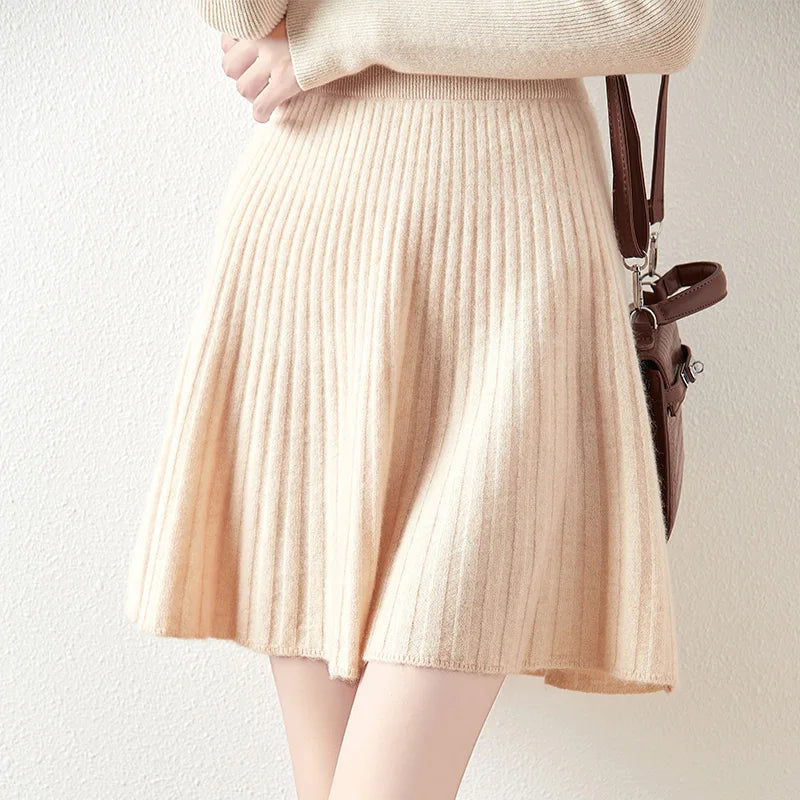 Preppy Style women's 100% Merino Wool Skirts Autumn Winter Pleated Skirt Cashmere Knitwear Short A-Line Above Knee Skirt