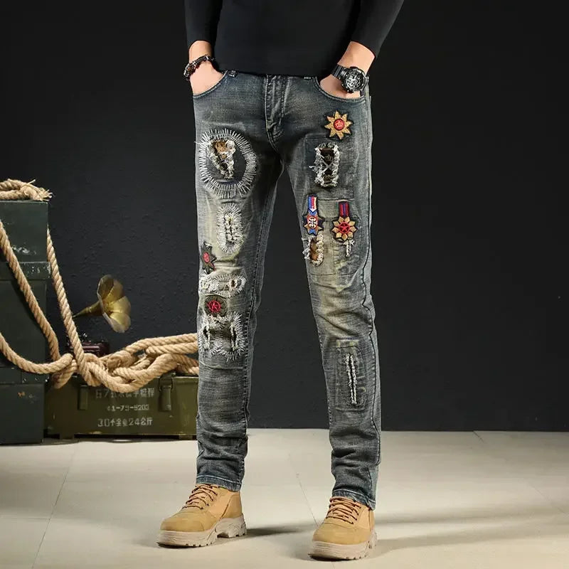 Male Cowboy Pants Trousers Punk Embroidery Motorcycle Jeans for Men Washed Y2k Streetwear Kpop Clothes 2000s High Quality Summer