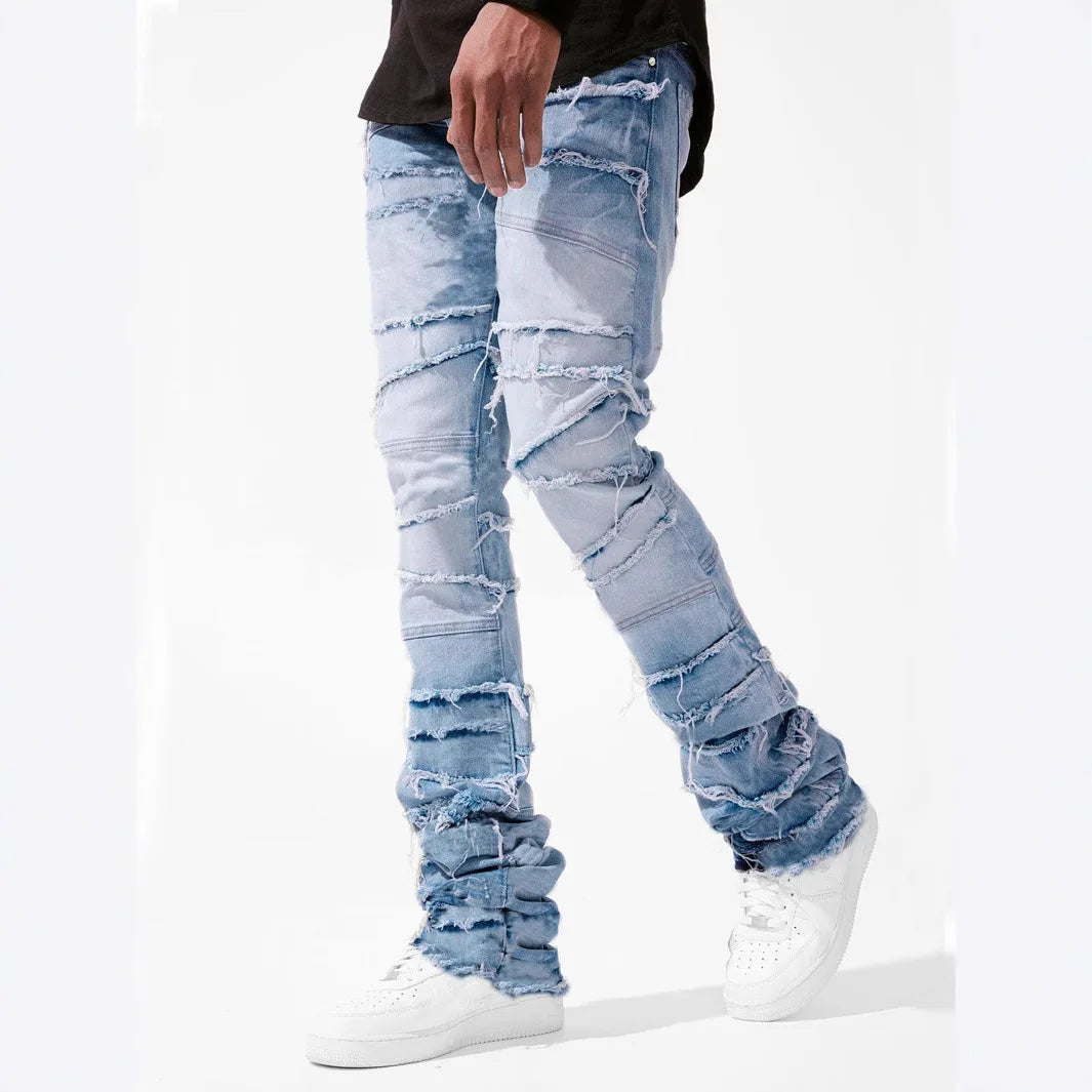 Straight Pant Men Jeans Denim Pants Slim Fit Irregular Folds Tassel Splice Simple Button Pocket High Street Trousers Spring