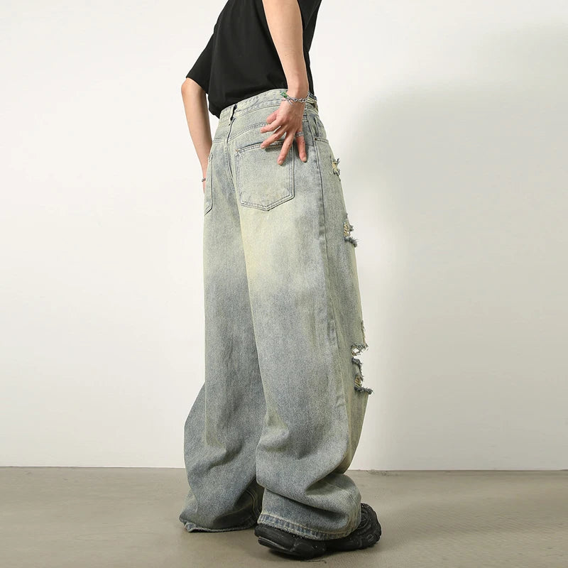 Korean Fashion Hole Ripped Jeans Men Mid-waist Straight Wide Leg Pants Hip Hop Streetwear Vintage Washed Jeans Trousers For Men