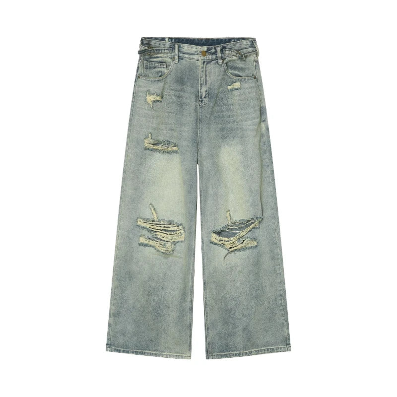 Korean Fashion Hole Ripped Jeans Men Mid-waist Straight Wide Leg Pants Hip Hop Streetwear Vintage Washed Jeans Trousers For Men