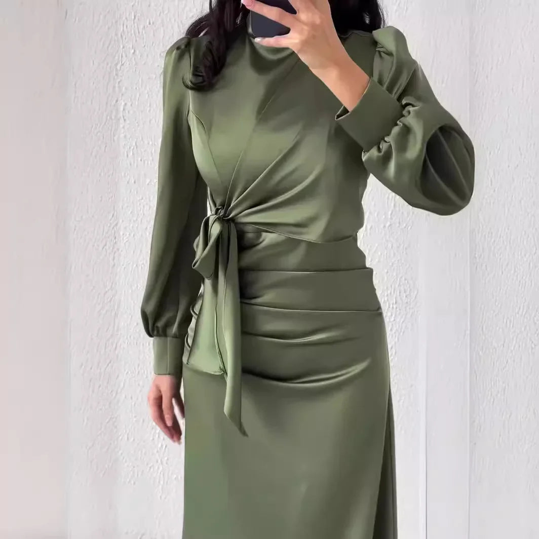 Dresses for Women 2024 Autumn Elegant Fashion Temperament Commuting Long Sleeves Round Neck Skinny Satin Party Evening Dress