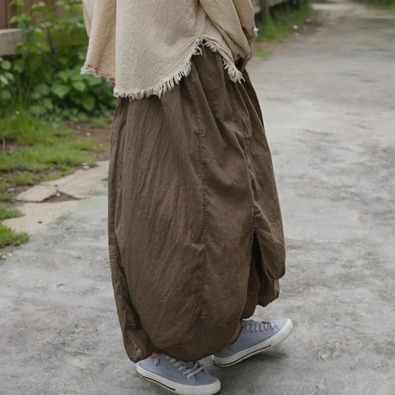 Johnature Women Vintage Cotton Skirts A-Linen Solid Color Cloths 2025 Spring New Soft Casual Women Skirts