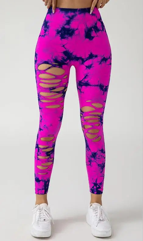 Tie Dye Seamless Yoga Pants with Ripped Holes Sexy Hip Lifting Hollow Out Fitness Leggings for Women High Waisted Peach Buttocks