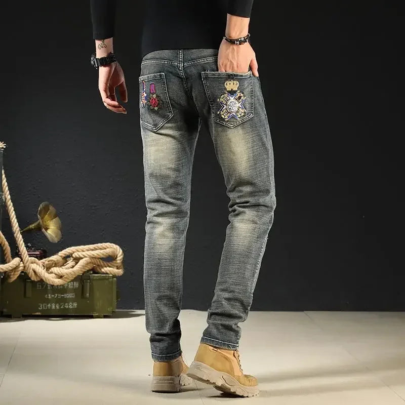 Male Cowboy Pants Trousers Punk Embroidery Motorcycle Jeans for Men Washed Y2k Streetwear Kpop Clothes 2000s High Quality Summer