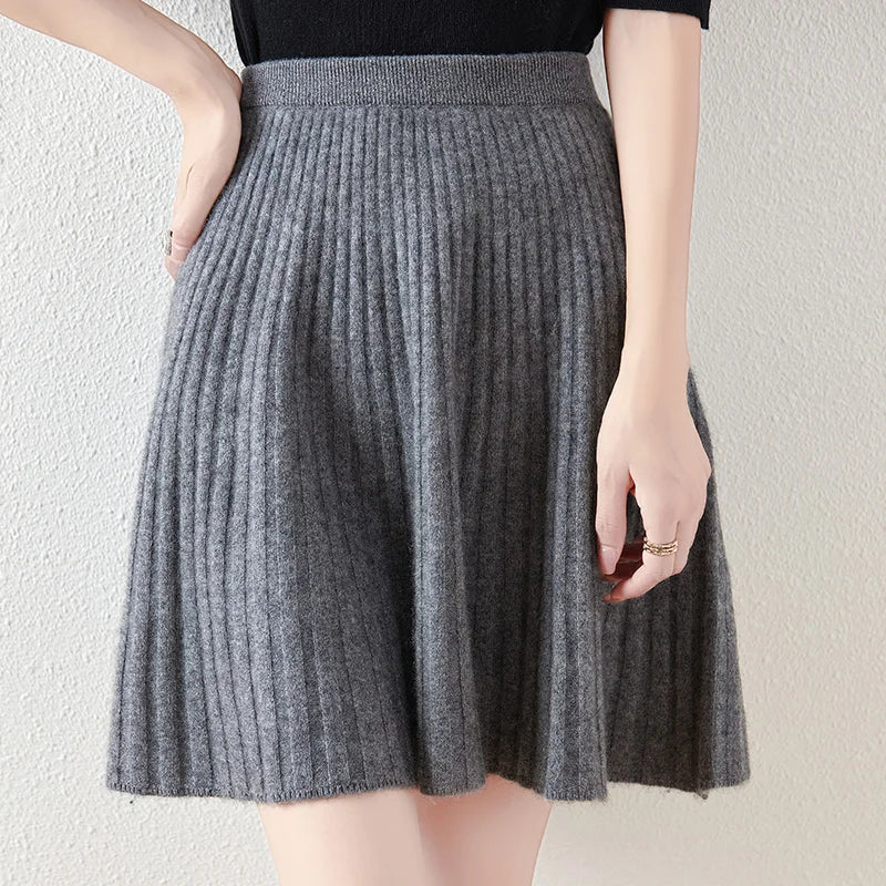 Preppy Style women's 100% Merino Wool Skirts Autumn Winter Pleated Skirt Cashmere Knitwear Short A-Line Above Knee Skirt