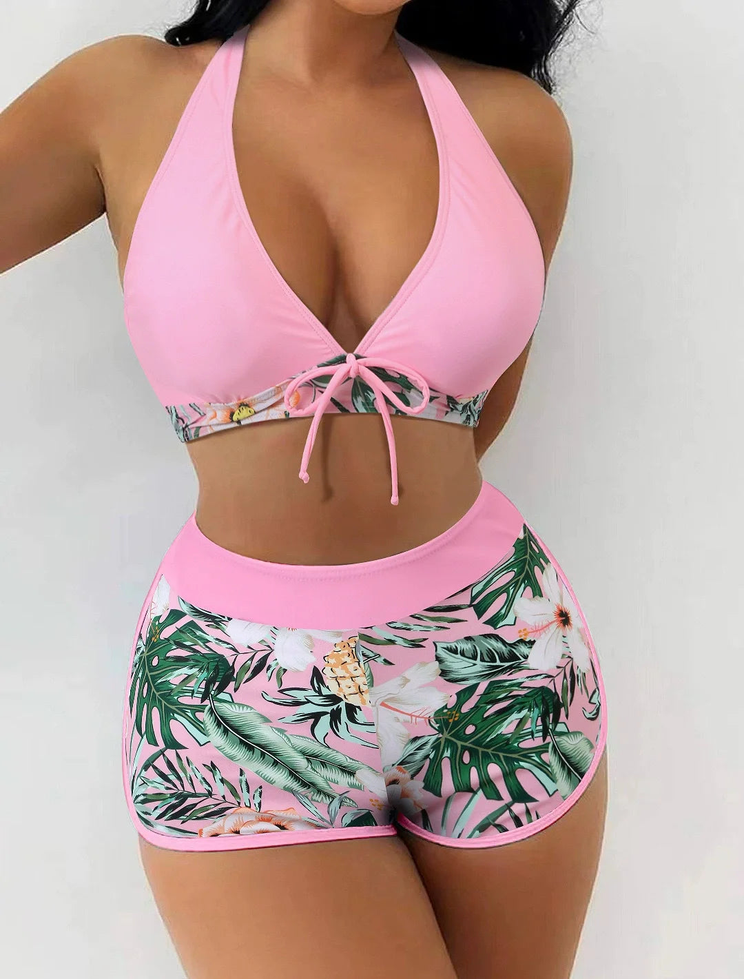 Swimsuit for Women 2 Piece Bikini with Floral Print Bottoms Set Tie Swimwear Halter String Triangle Bathing Suit