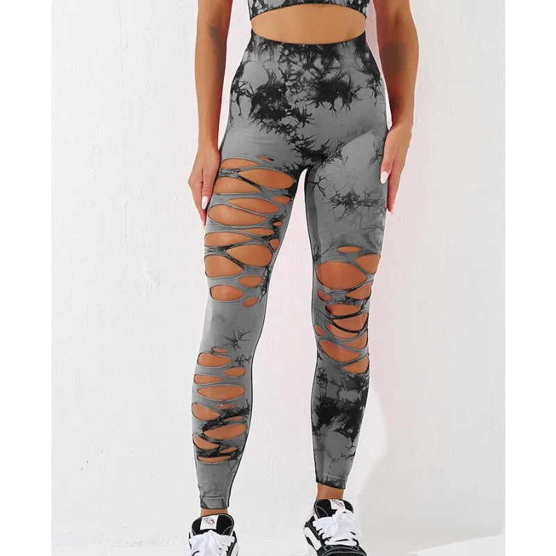 Tie Dye Seamless Yoga Pants with Ripped Holes Sexy Hip Lifting Hollow Out Fitness Leggings for Women High Waisted Peach Buttocks