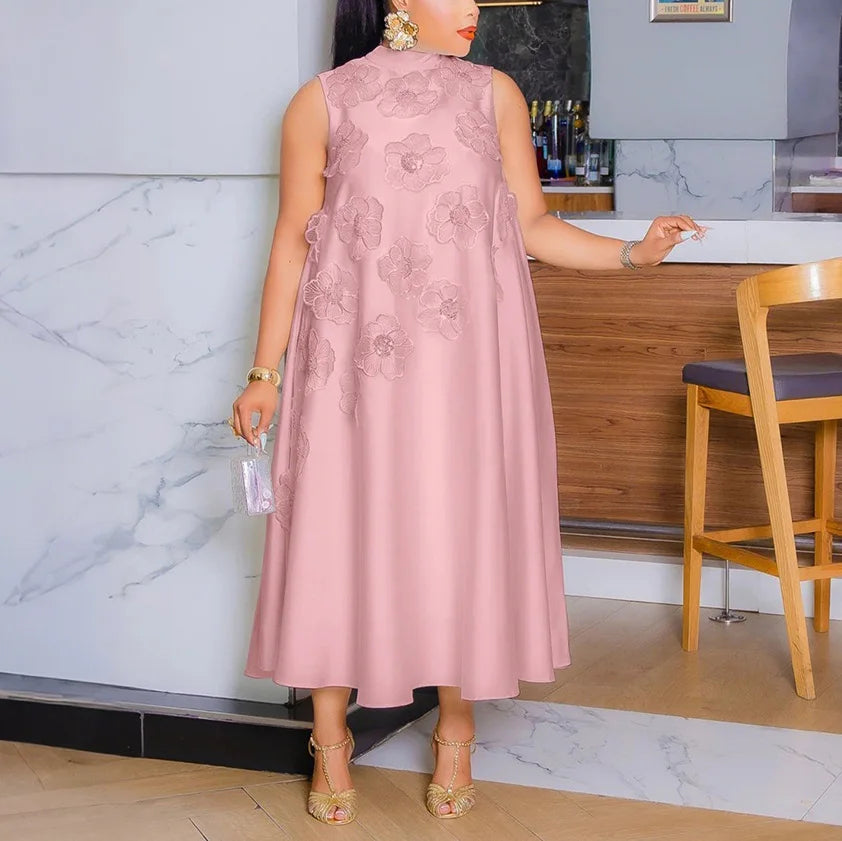 Elegant Dresses for Woman 2025 New O Neck Sleeveless Floral Decorate Straight Ankle Length Fashion Ladies Birthday Party Dress