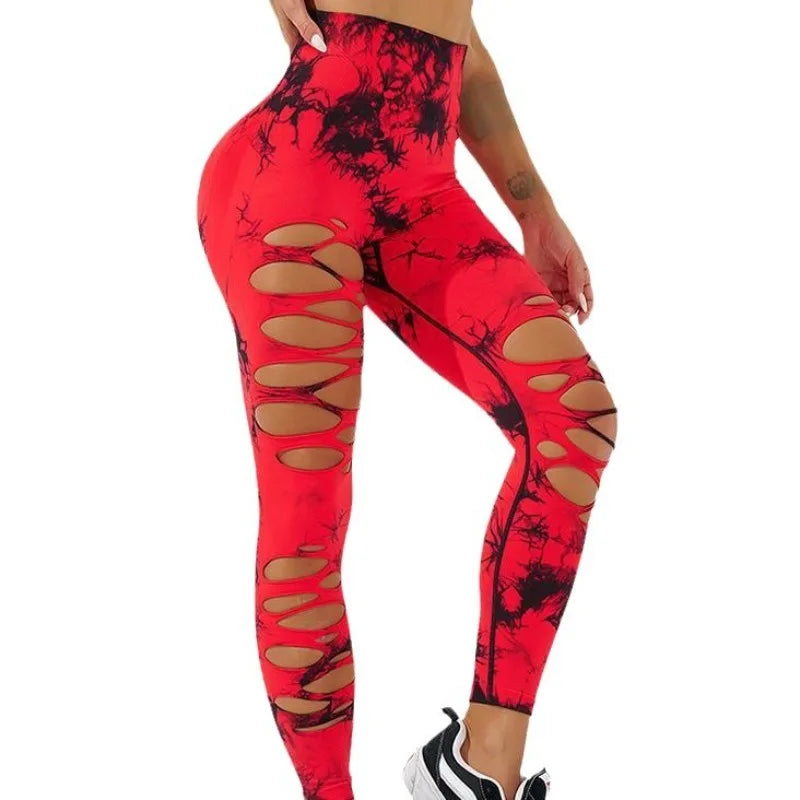 Tie Dye Seamless Yoga Pants with Ripped Holes Sexy Hip Lifting Hollow Out Fitness Leggings for Women High Waisted Peach Buttocks