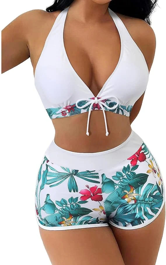 Swimsuit for Women 2 Piece Bikini with Floral Print Bottoms Set Tie Swimwear Halter String Triangle Bathing Suit