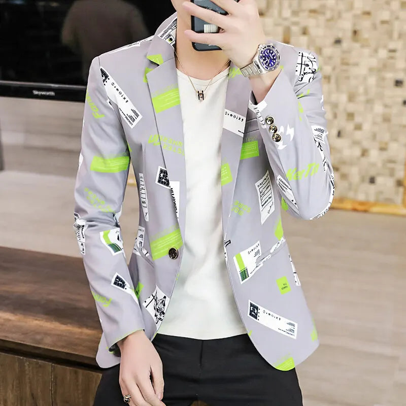 Spring Autumn 2025 New Men's Fashion Print Men Casual Business Blazer Mens Slim Suit Jacket Male Thin Coat