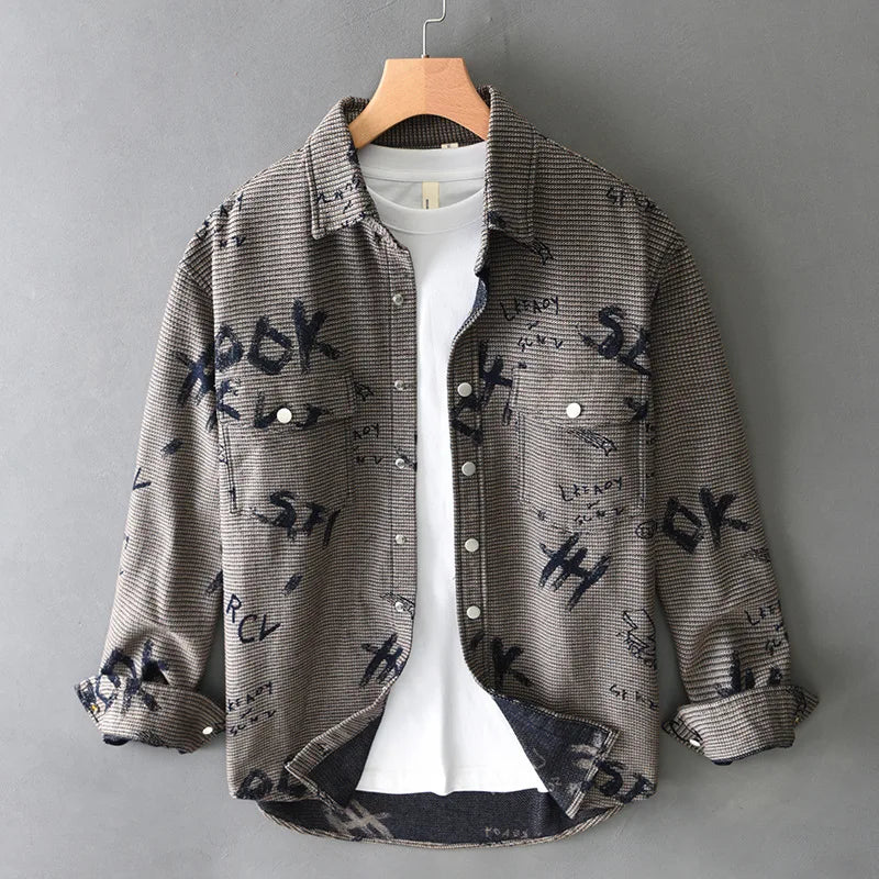 T733 Men's Creative Printing Vintage Shirt Men's Spring Autumn Fashion Good Quality Jacquard Long Sleeve Casual Slim Blouse Tops