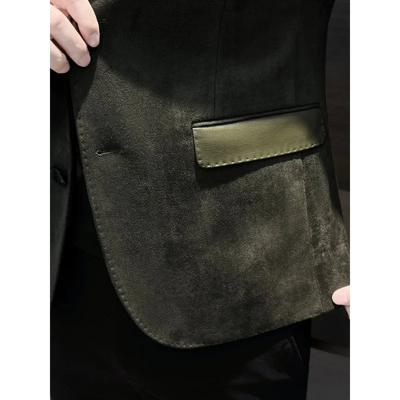 Deerskin Casual Men's Suit Jacket Autumn and Winter Wind Ruffiansenior Splicing Suit Commuting Cultivate One's Moral Characte