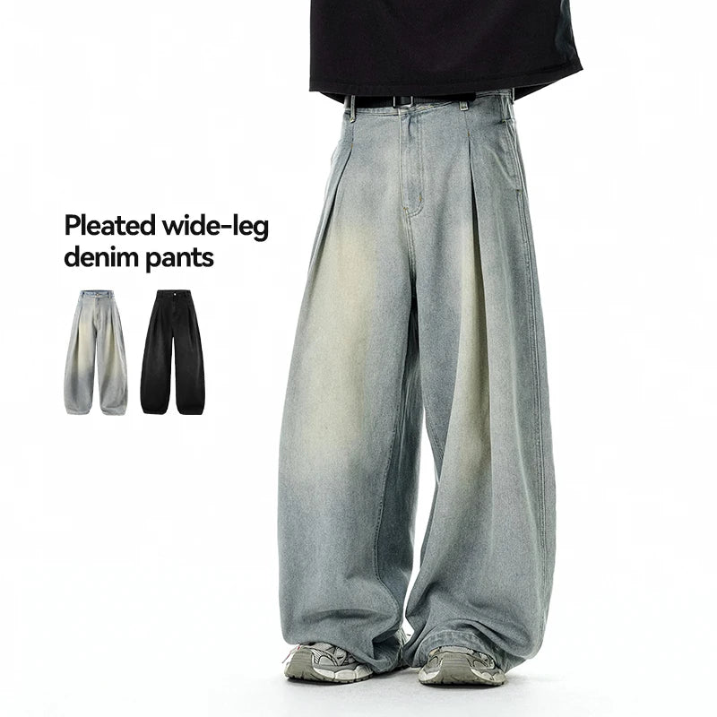 INFLATION Men's American Wide Leg Jeans Streetwear Loose Fit Vintage Washed Denim Pants Casual Baggy Trousers