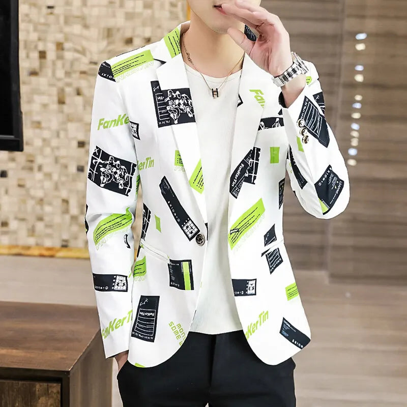 Spring Autumn 2025 New Men's Fashion Print Men Casual Business Blazer Mens Slim Suit Jacket Male Thin Coat